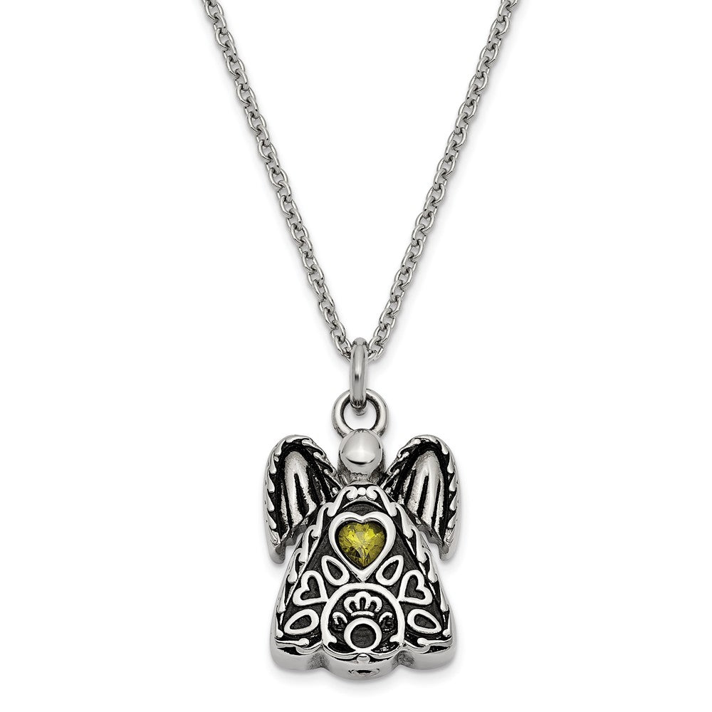 Antiqued Stainless Steel August CZ Angel Ash Holder Necklace, 18 Inch, Item N14043-Aug by The Black Bow Jewelry Co.