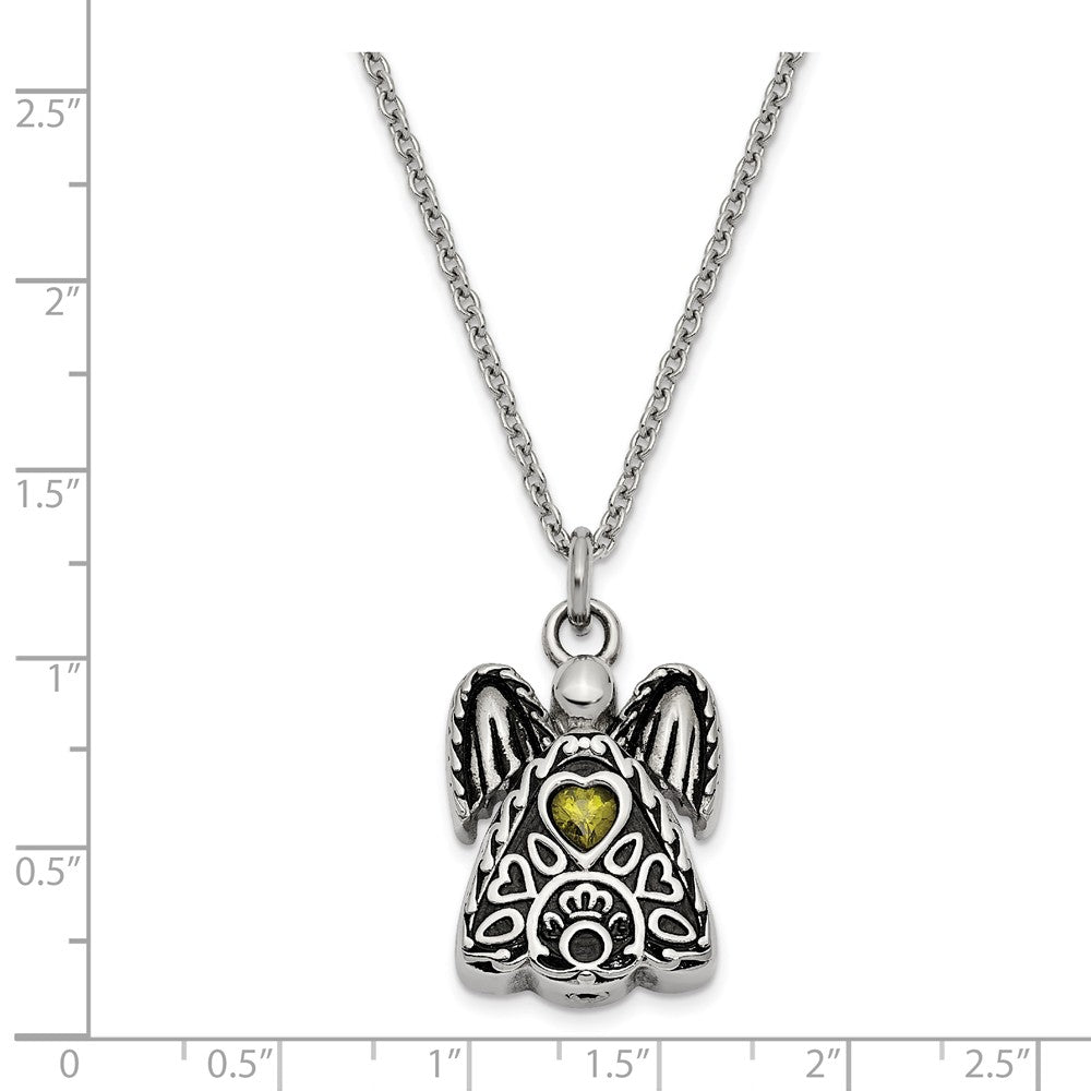 Alternate view of the Antiqued Stainless Steel August CZ Angel Ash Holder Necklace, 18 Inch by The Black Bow Jewelry Co.