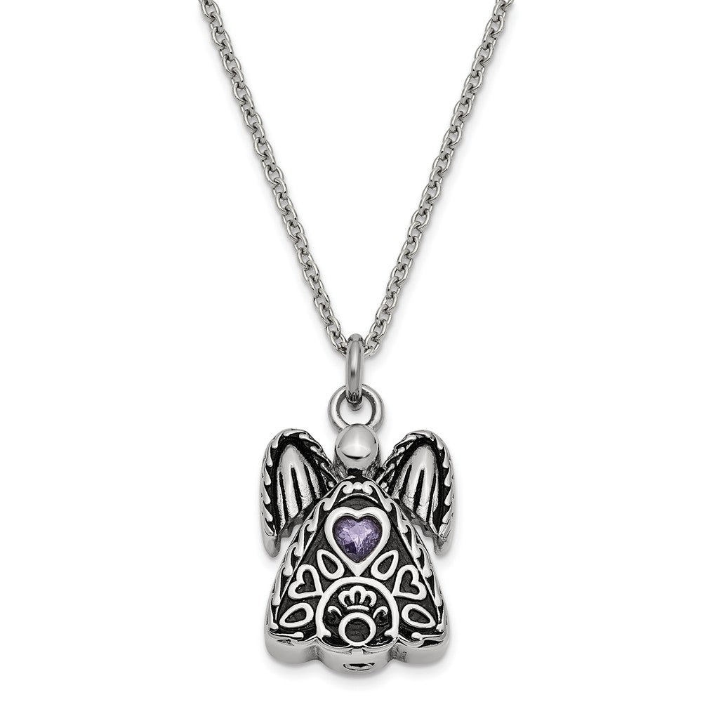 Antiqued Stainless Steel February CZ Angel Ash Holder Necklace, 18 In., Item N14043-Feb by The Black Bow Jewelry Co.