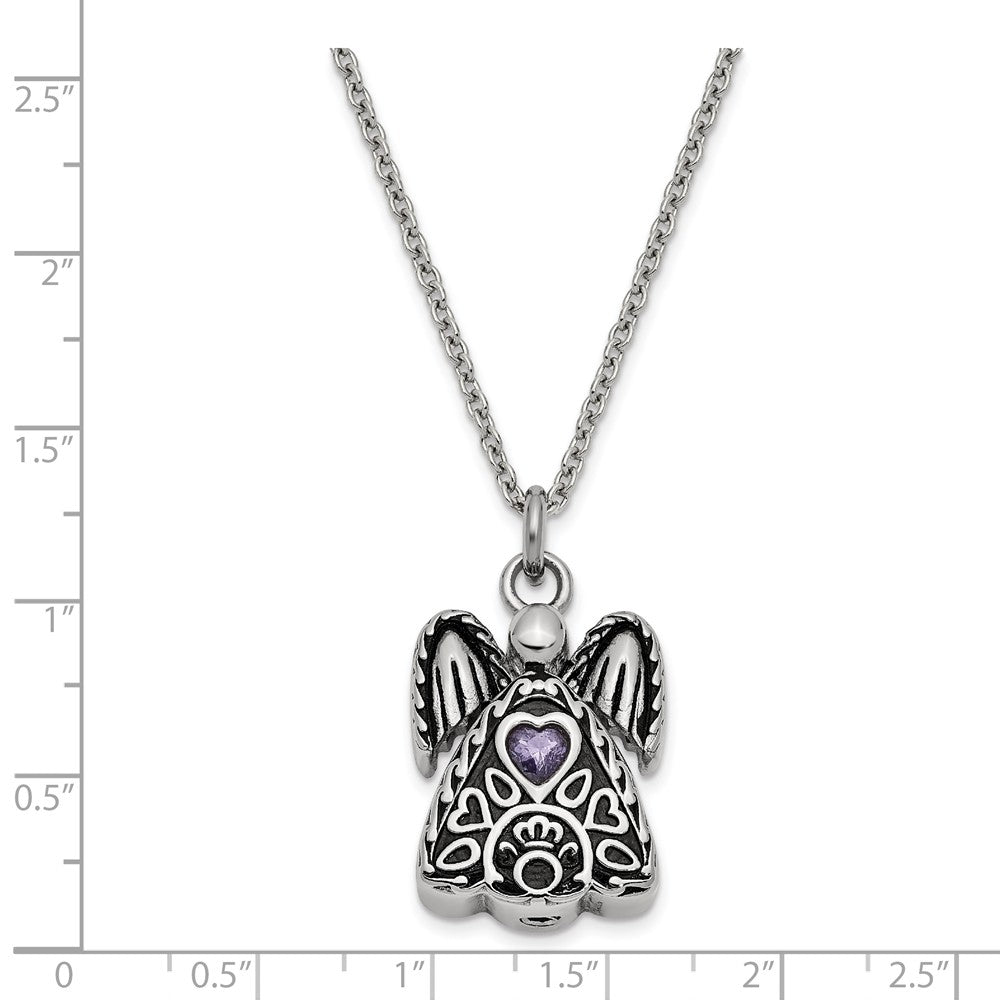 Alternate view of the Antiqued Stainless Steel February CZ Angel Ash Holder Necklace, 18 In. by The Black Bow Jewelry Co.