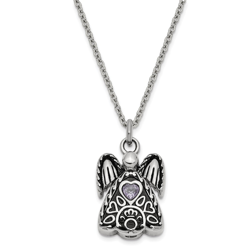 Antiqued Stainless Steel June CZ Angel Ash Holder Necklace, 18 Inch, Item N14043-Jun by The Black Bow Jewelry Co.