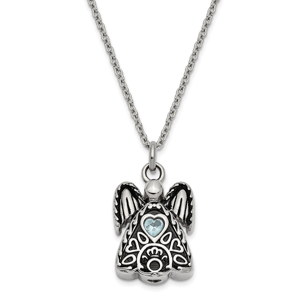 Antiqued Stainless Steel March CZ Angel Ash Holder Necklace, 18 Inch, Item N14043-Mar by The Black Bow Jewelry Co.