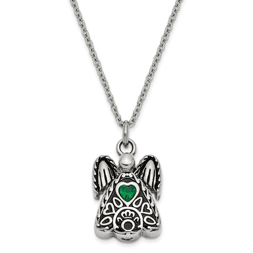 Antiqued Stainless Steel May CZ Angel Ash Holder Necklace, 18 Inch, Item N14043-May by The Black Bow Jewelry Co.