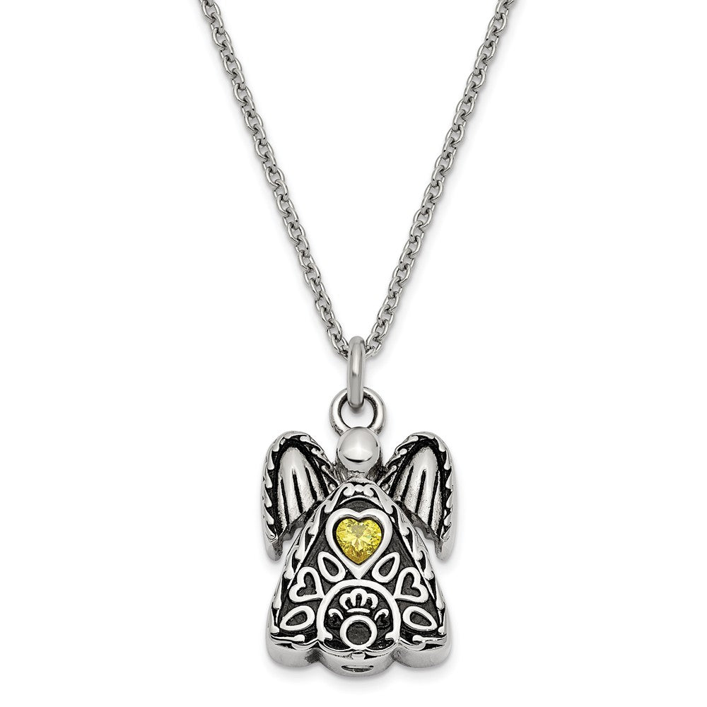 Antiqued Stainless Steel November CZ Angel Ash Holder Necklace, 18 In., Item N14043-Nov by The Black Bow Jewelry Co.