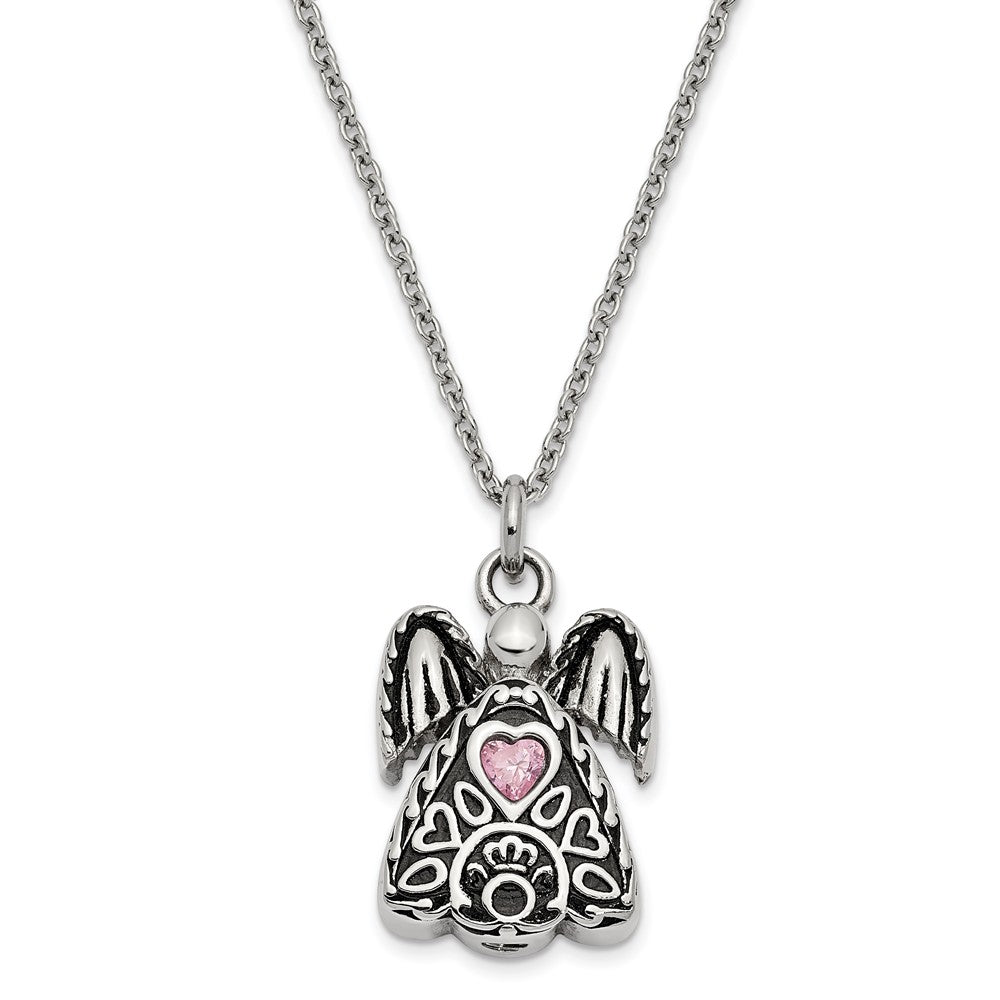 Antiqued Stainless Steel October CZ Angel Ash Holder Necklace, 18 Inch, Item N14043-Oct by The Black Bow Jewelry Co.
