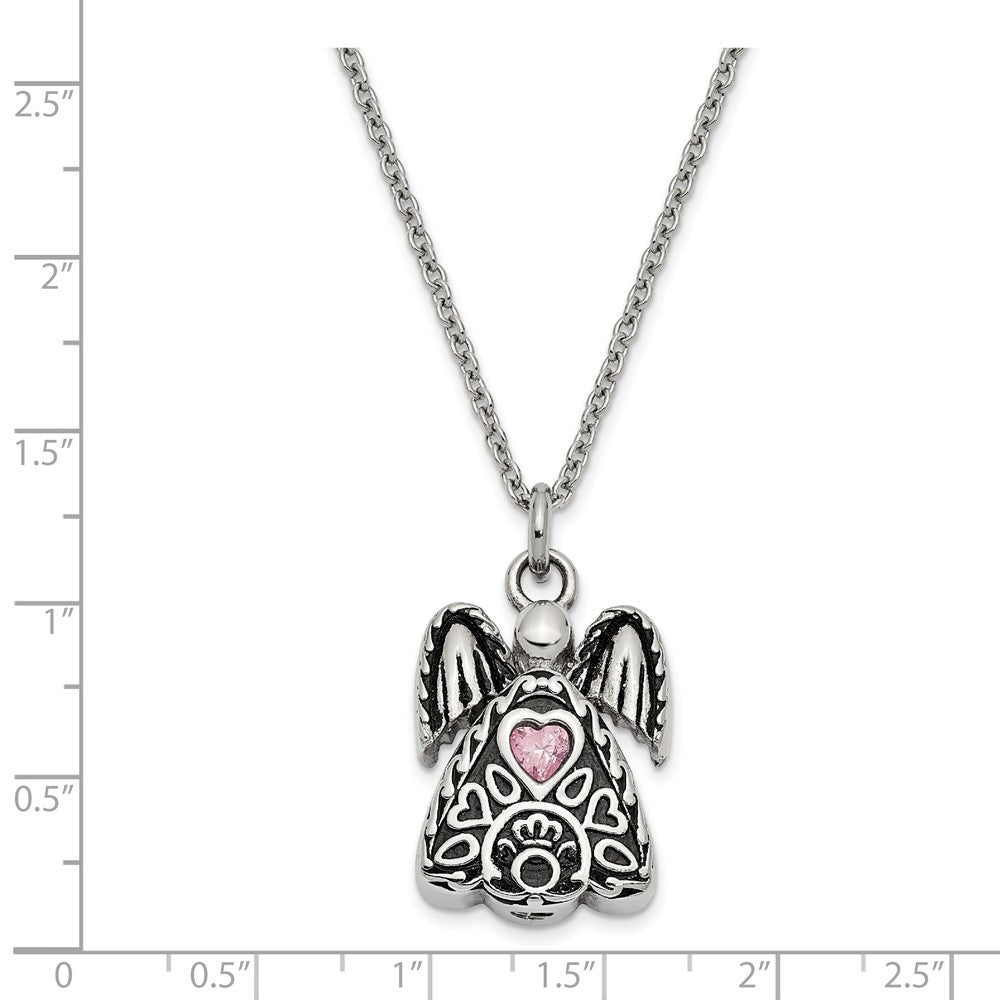 Alternate view of the Antiqued Stainless Steel October CZ Angel Ash Holder Necklace, 18 Inch by The Black Bow Jewelry Co.