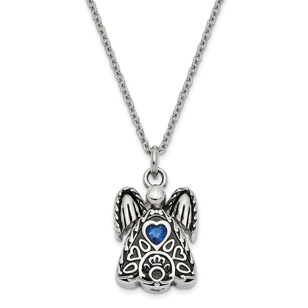 Antiqued Stainless Steel September CZ Angel Ash Holder Necklace, 18 In, Item N14043-Sep by The Black Bow Jewelry Co.