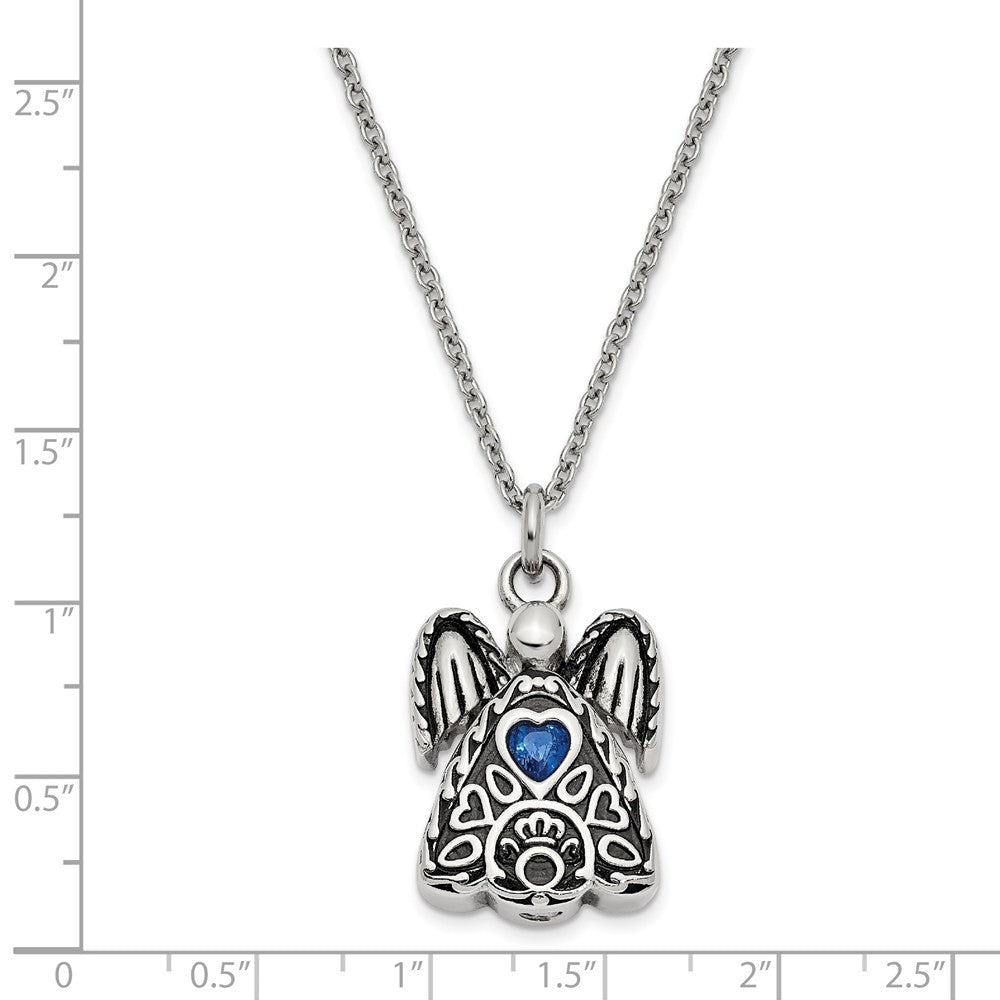 Alternate view of the Antiqued Stainless Steel September CZ Angel Ash Holder Necklace, 18 In by The Black Bow Jewelry Co.