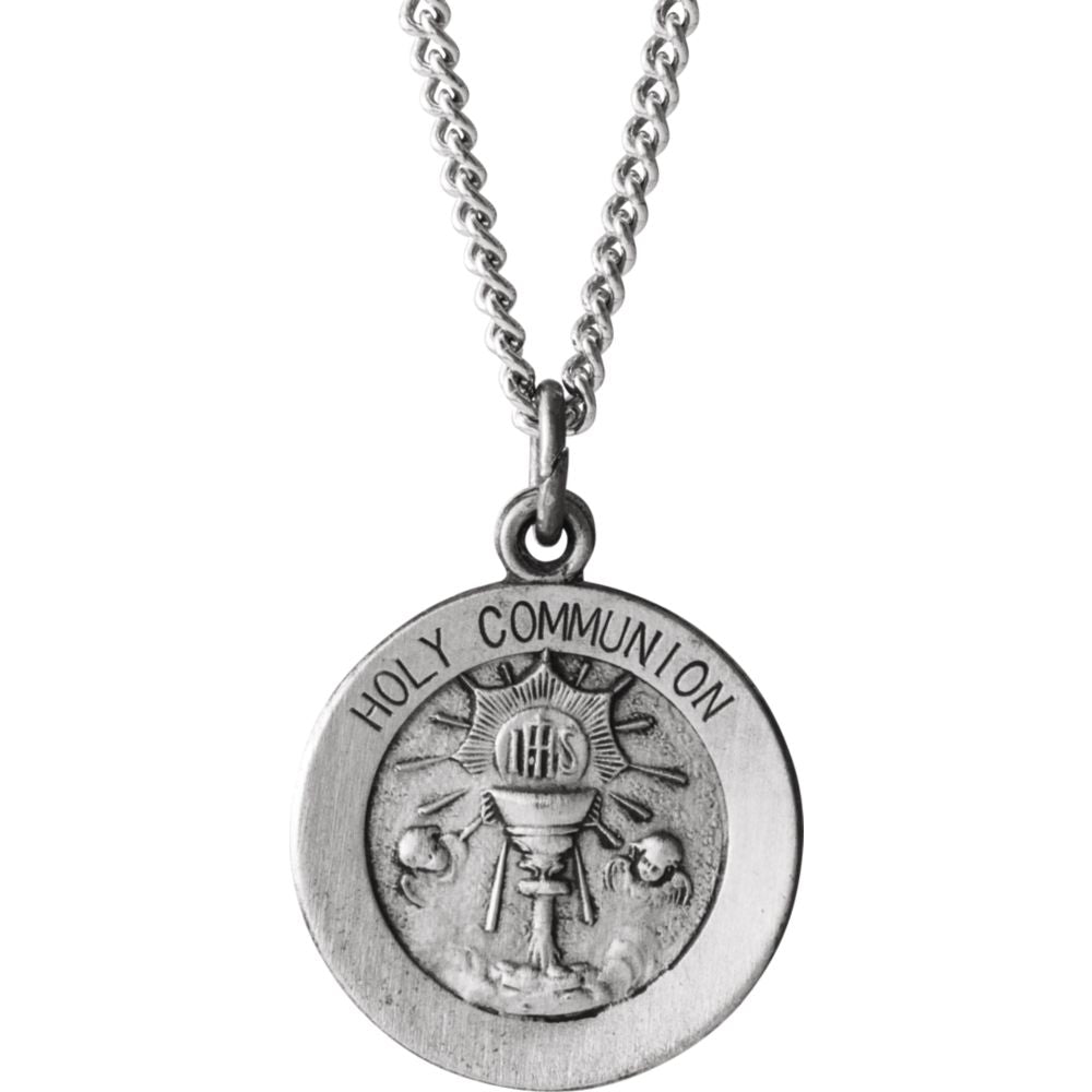 Sterling Silver 15mm Holy Communion Medal Necklace, 18 Inch, Item N14054 by The Black Bow Jewelry Co.