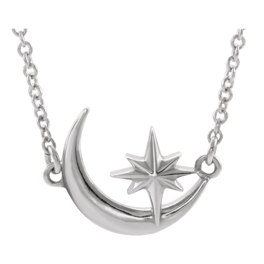 Alternate view of the 14K Yellow, White or Rose Gold Crescent Moon &amp; Star Necklace, 16-18 In by The Black Bow Jewelry Co.