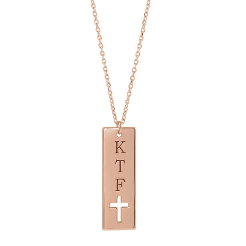 Alternate view of the 14k Rose Gold Flat Vertical Bar Pierced Cross Necklace, 16-18 Inch by The Black Bow Jewelry Co.