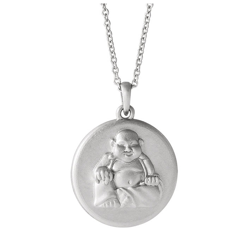 Platinum Embossed Buddha 16mm Disc Necklace, 16-18 Inch, Item N14241 by The Black Bow Jewelry Co.