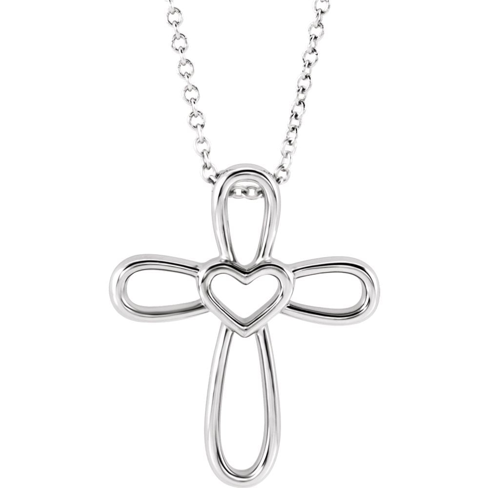 Platinum Looped Heart Cross Necklace, 16-18 Inch, Item N14258 by The Black Bow Jewelry Co.