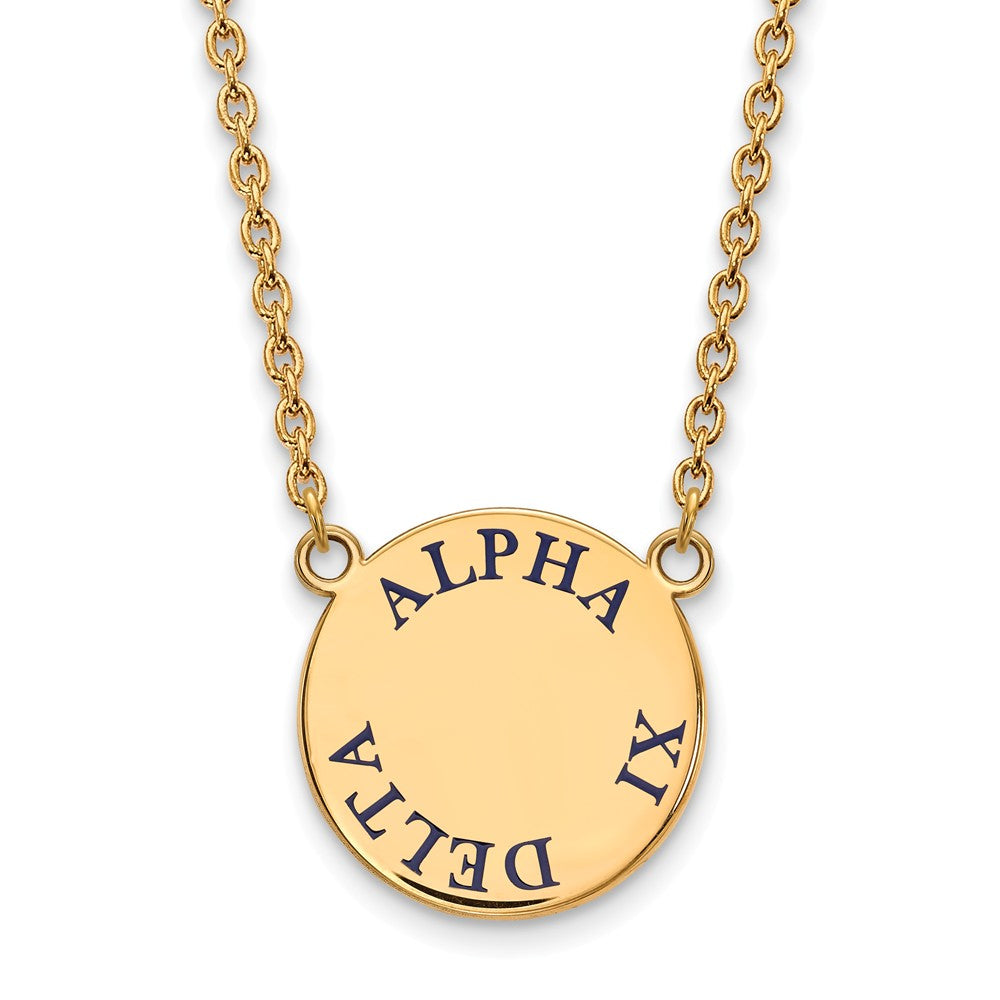 14K Plated Silver Alpha Xi Delta Large Blue Enamel Disc Necklace, Item N14370 by The Black Bow Jewelry Co.