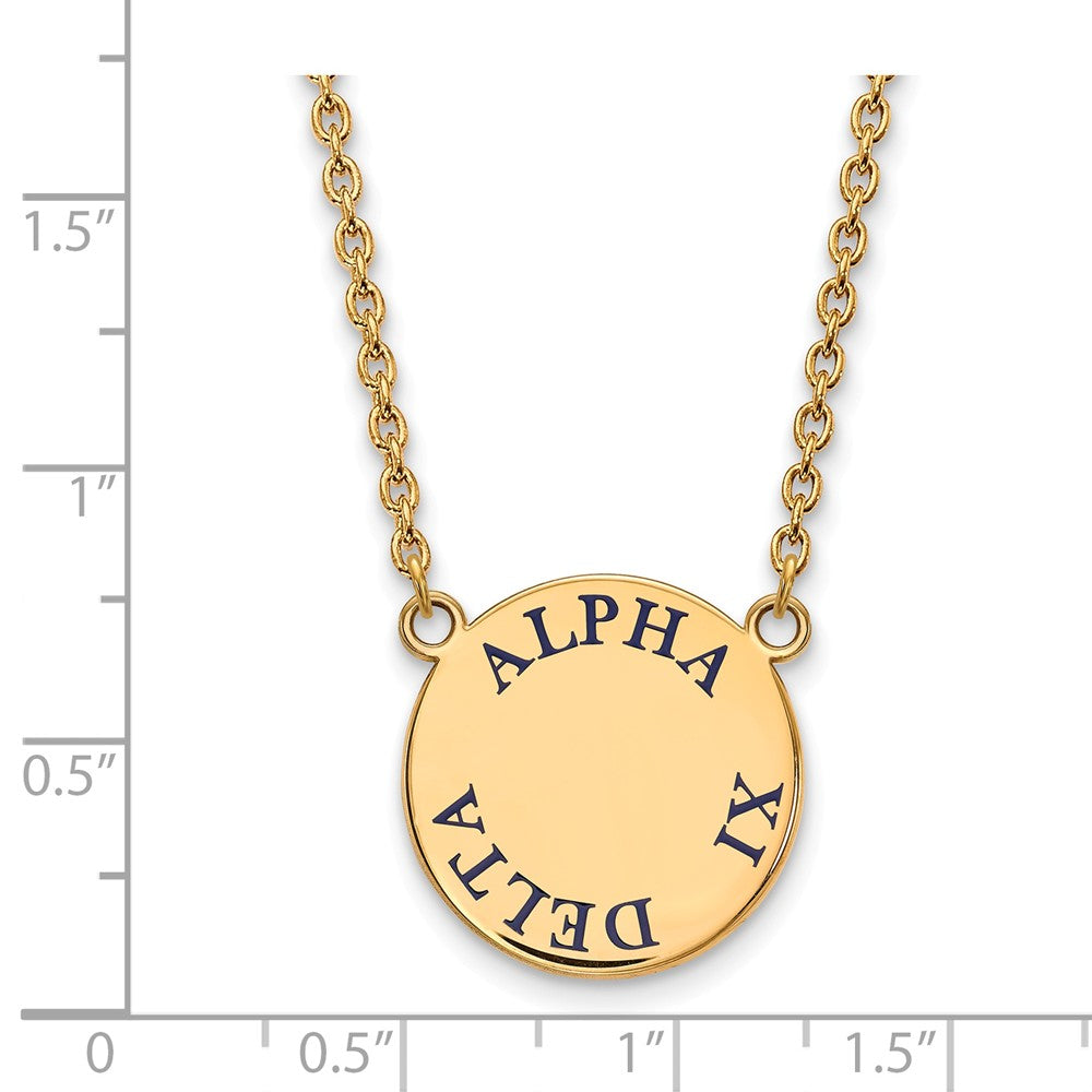 Alternate view of the 14K Plated Silver Alpha Xi Delta Large Blue Enamel Disc Necklace by The Black Bow Jewelry Co.