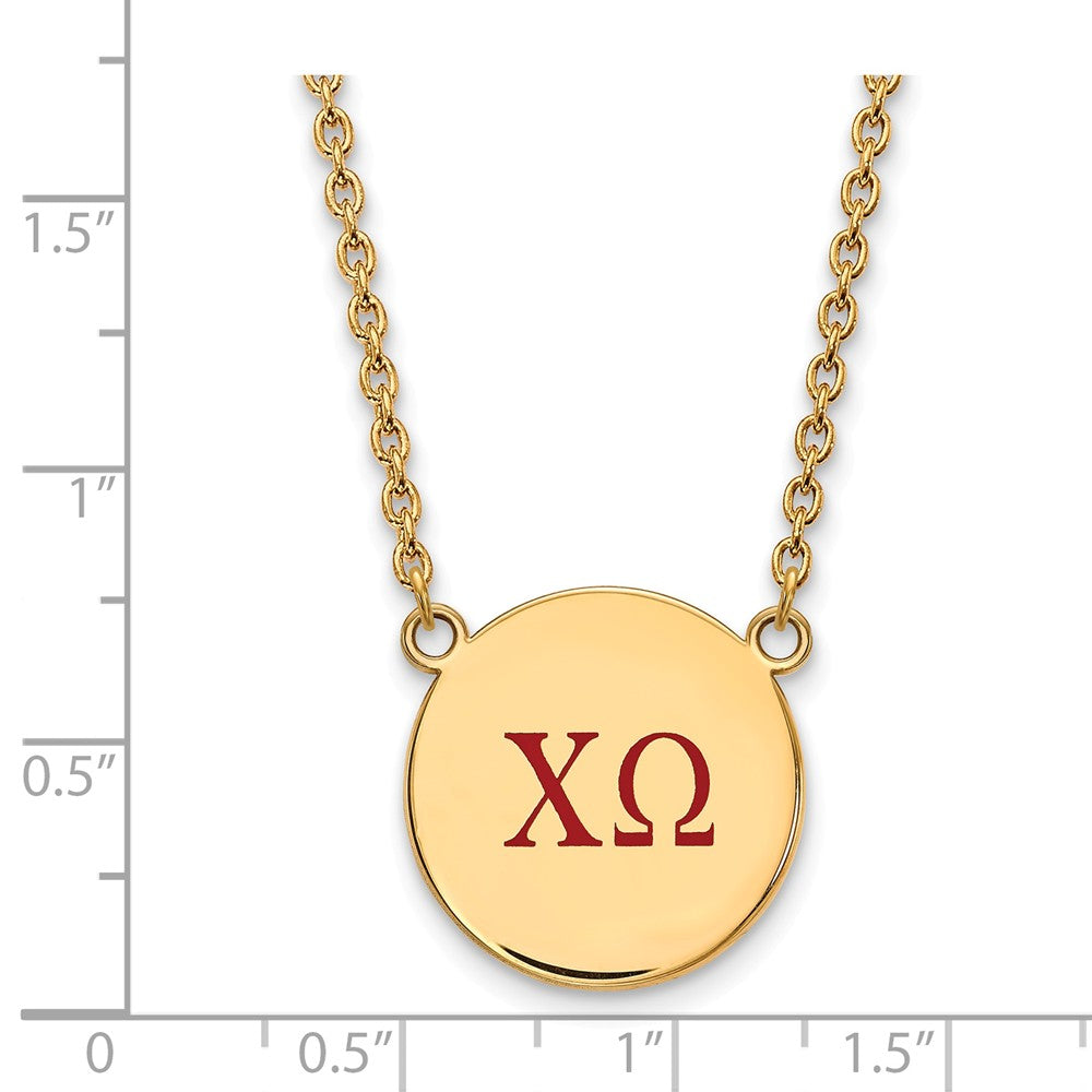 Alternate view of the 14K Plated Silver Chi Omega Large Red Enamel Greek Letters Necklace by The Black Bow Jewelry Co.