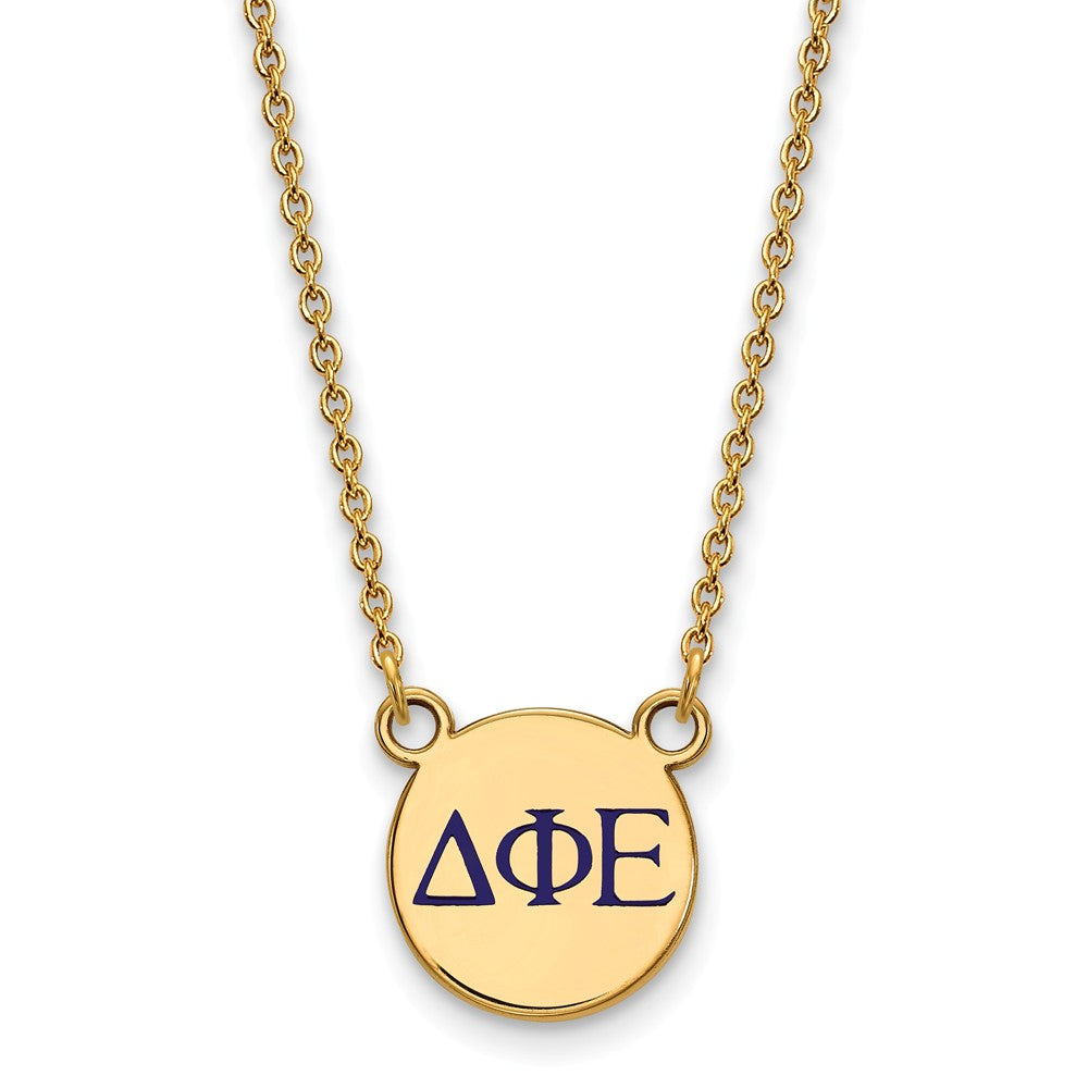 14K Plated Silver Delta Phi Epsilon Sm Blue Enamel Letters Necklace, Item N14419 by The Black Bow Jewelry Co.