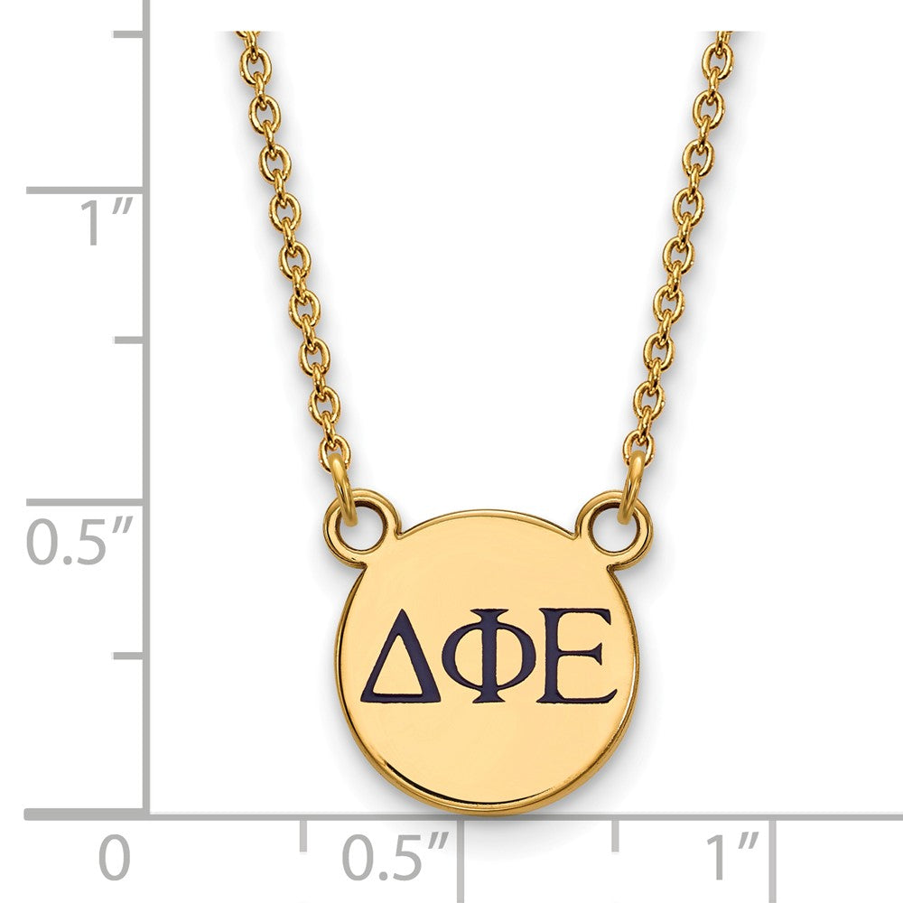 Alternate view of the 14K Plated Silver Delta Phi Epsilon Sm Blue Enamel Letters Necklace by The Black Bow Jewelry Co.