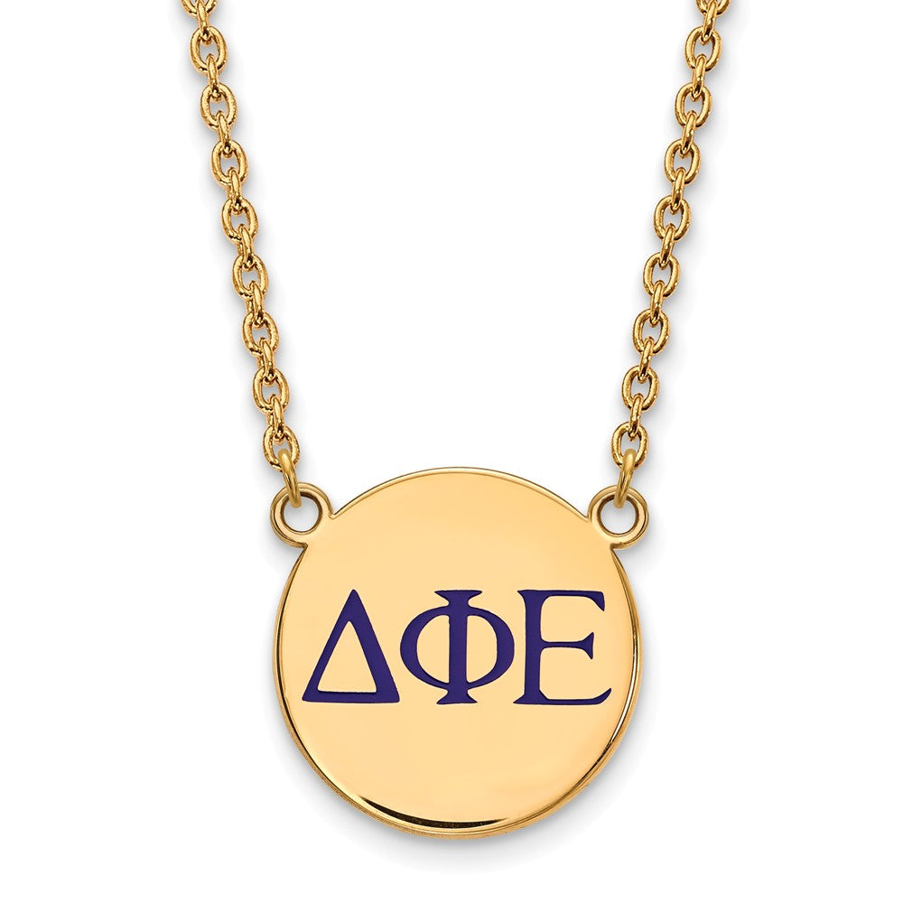 14K Plated Silver Delta Phi Epsilon Large Blue Enamel Letters Necklace, Item N14420 by The Black Bow Jewelry Co.