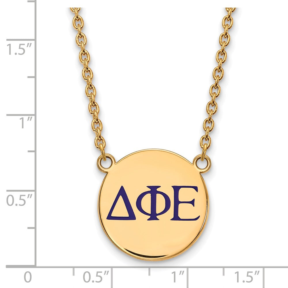 Alternate view of the 14K Plated Silver Delta Phi Epsilon Large Blue Enamel Letters Necklace by The Black Bow Jewelry Co.