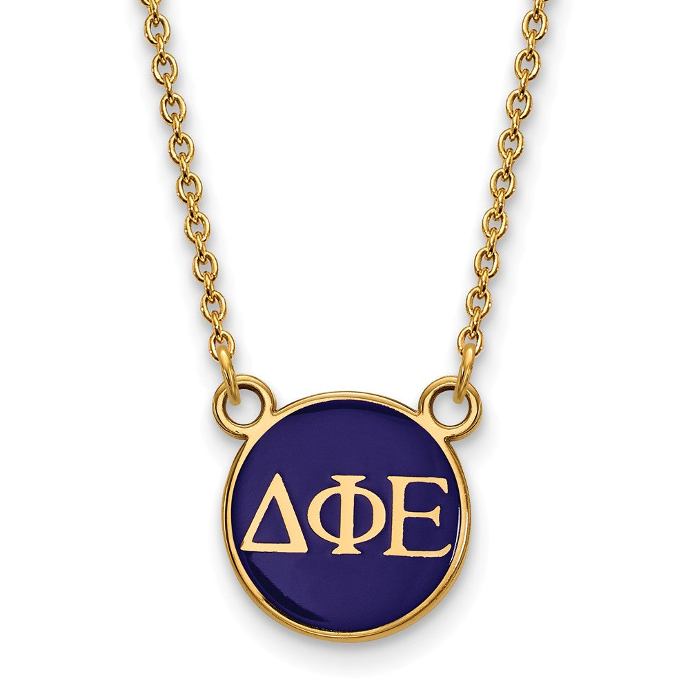 14K Plated Silver Delta Phi Epsilon Small Enamel Letters Disc Necklace, Item N14421 by The Black Bow Jewelry Co.