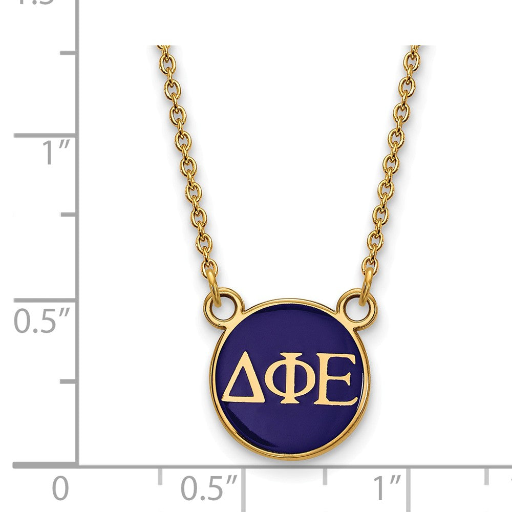 Alternate view of the 14K Plated Silver Delta Phi Epsilon Small Enamel Letters Disc Necklace by The Black Bow Jewelry Co.