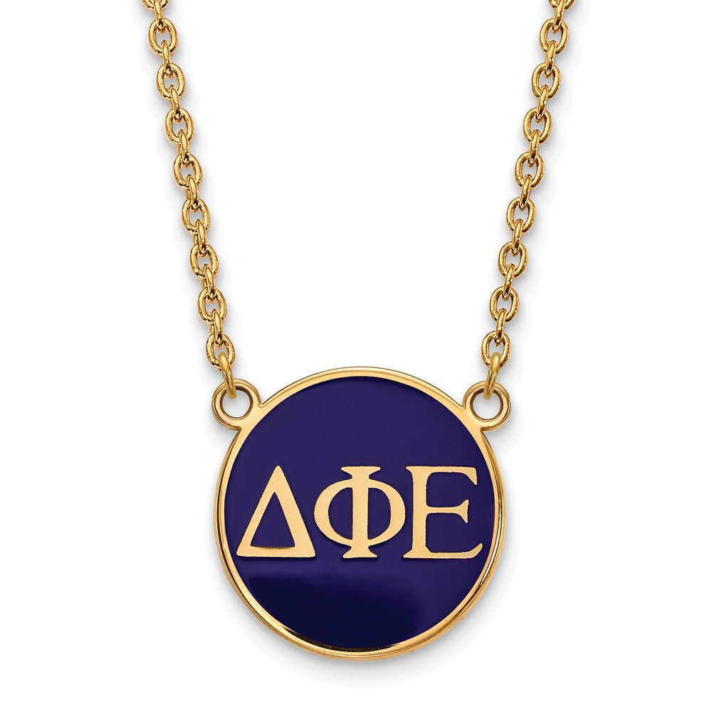 14K Plated Silver Delta Phi Epsilon Large Blue Enamel Disc Necklace, Item N14422 by The Black Bow Jewelry Co.