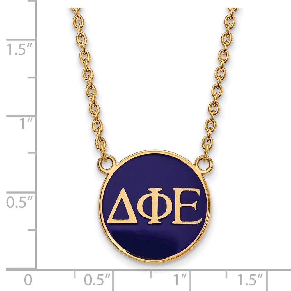 Alternate view of the 14K Plated Silver Delta Phi Epsilon Large Blue Enamel Disc Necklace by The Black Bow Jewelry Co.