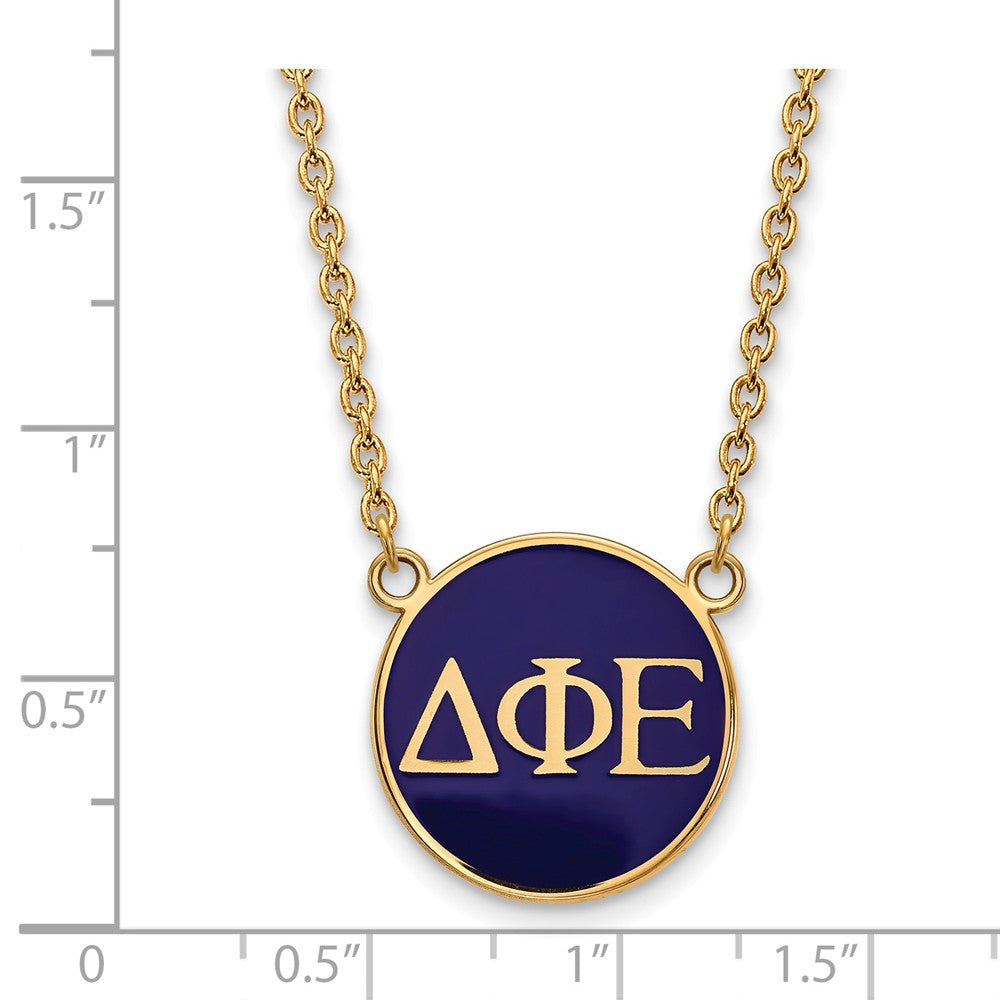 Alternate view of the 14K Plated Silver Delta Phi Epsilon Large Blue Enamel Disc Necklace by The Black Bow Jewelry Co.