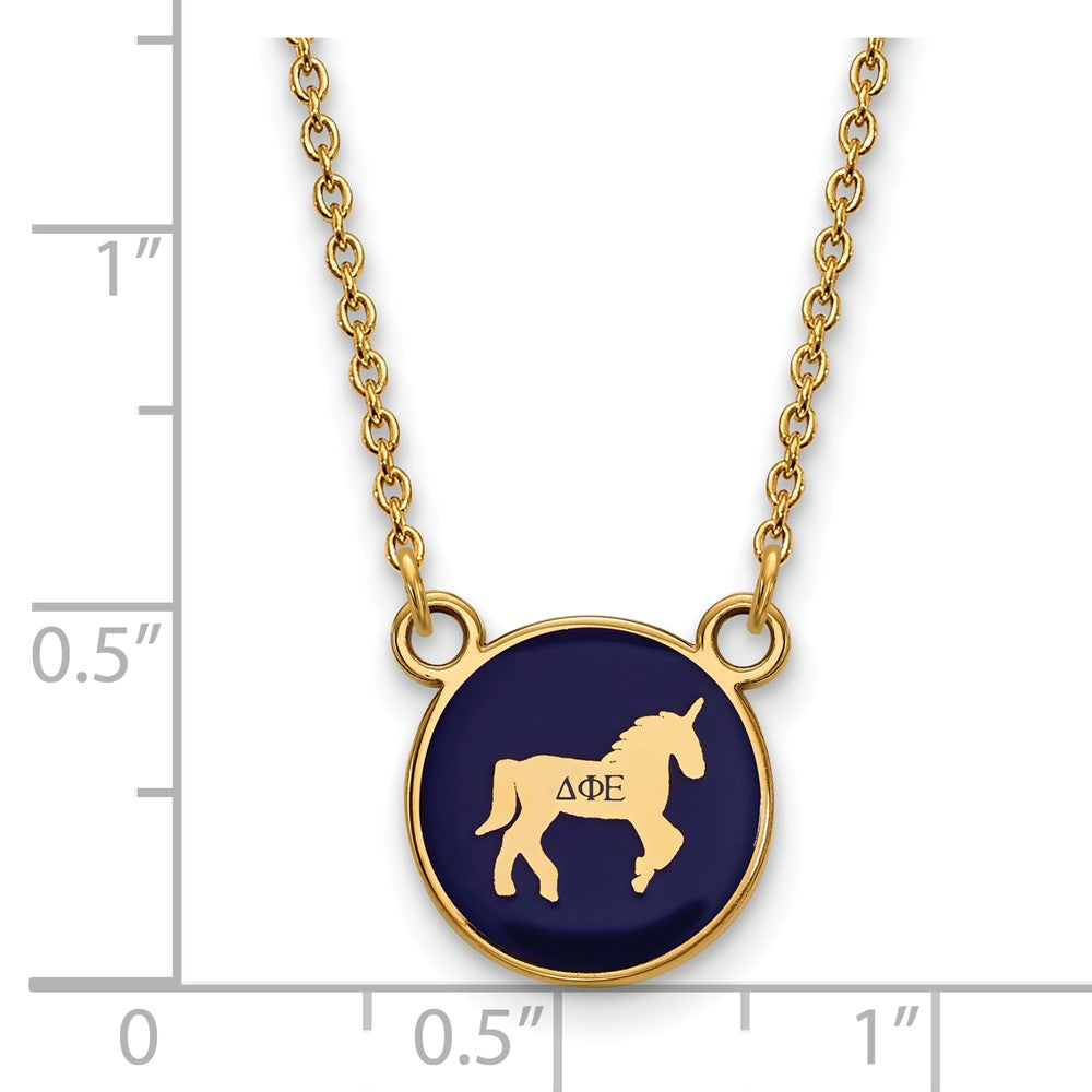 Alternate view of the 14K Plated Silver Delta Phi Epsilon Small Blue Enamel Mascot Necklace by The Black Bow Jewelry Co.
