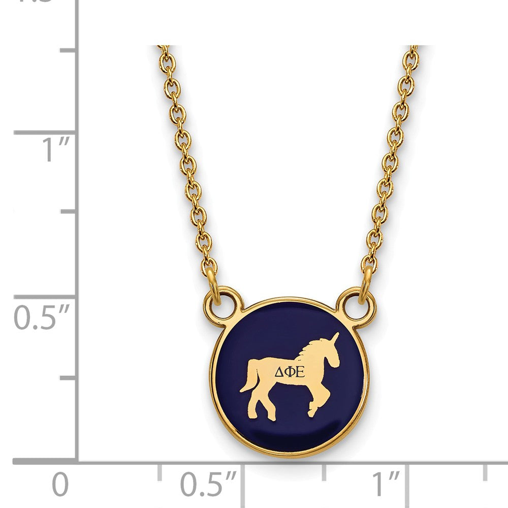 Alternate view of the 14K Plated Silver Delta Phi Epsilon Small Blue Enamel Mascot Necklace by The Black Bow Jewelry Co.