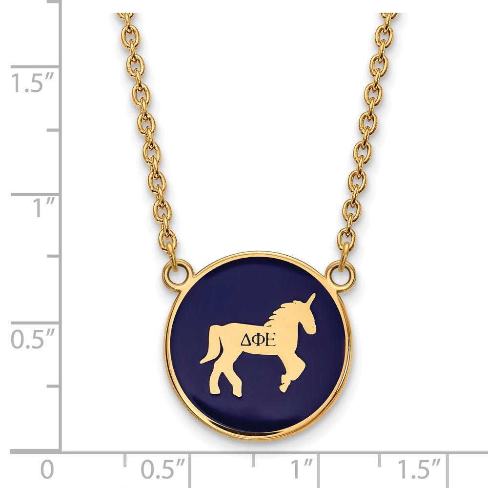 Alternate view of the 14K Plated Silver Delta Phi Epsilon Large Blue Enamel Mascot Necklace by The Black Bow Jewelry Co.