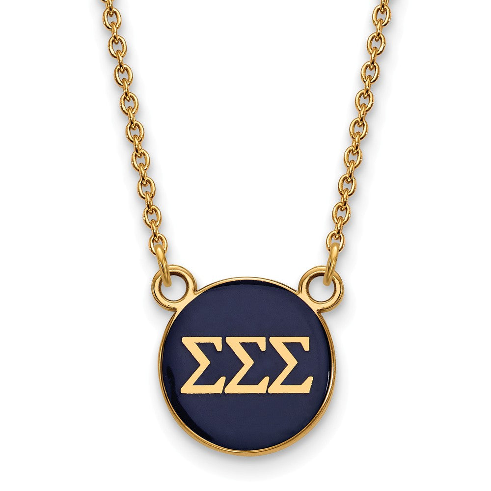 14K Plated Silver Sigma Sigma Sigma Small Blue Enamel Disc Necklace, Item N14539 by The Black Bow Jewelry Co.