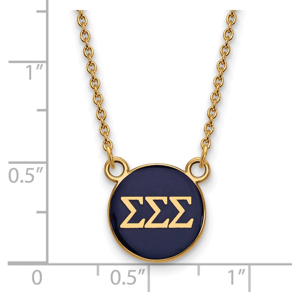 Alternate view of the 14K Plated Silver Sigma Sigma Sigma Small Blue Enamel Disc Necklace by The Black Bow Jewelry Co.
