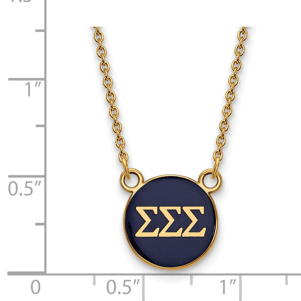 Alternate view of the 14K Plated Silver Sigma Sigma Sigma Small Blue Enamel Disc Necklace by The Black Bow Jewelry Co.