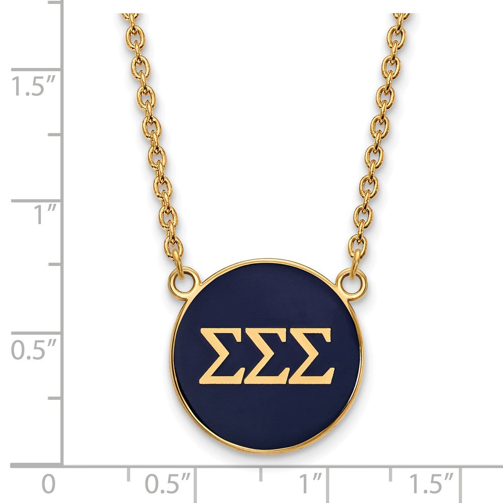 Alternate view of the 14K Plated Silver Sigma Sigma Sigma Large Blue Enamel Disc Necklace by The Black Bow Jewelry Co.