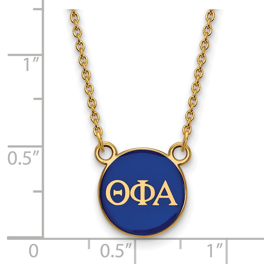 Alternate view of the 14K Plated Silver Theta Phi Alpha Small Blue Enamel Disc Necklace by The Black Bow Jewelry Co.