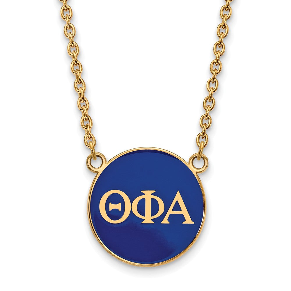 14K Plated Silver Theta Phi Alpha Large Blue Enamel Disc Necklace, Item N14554 by The Black Bow Jewelry Co.
