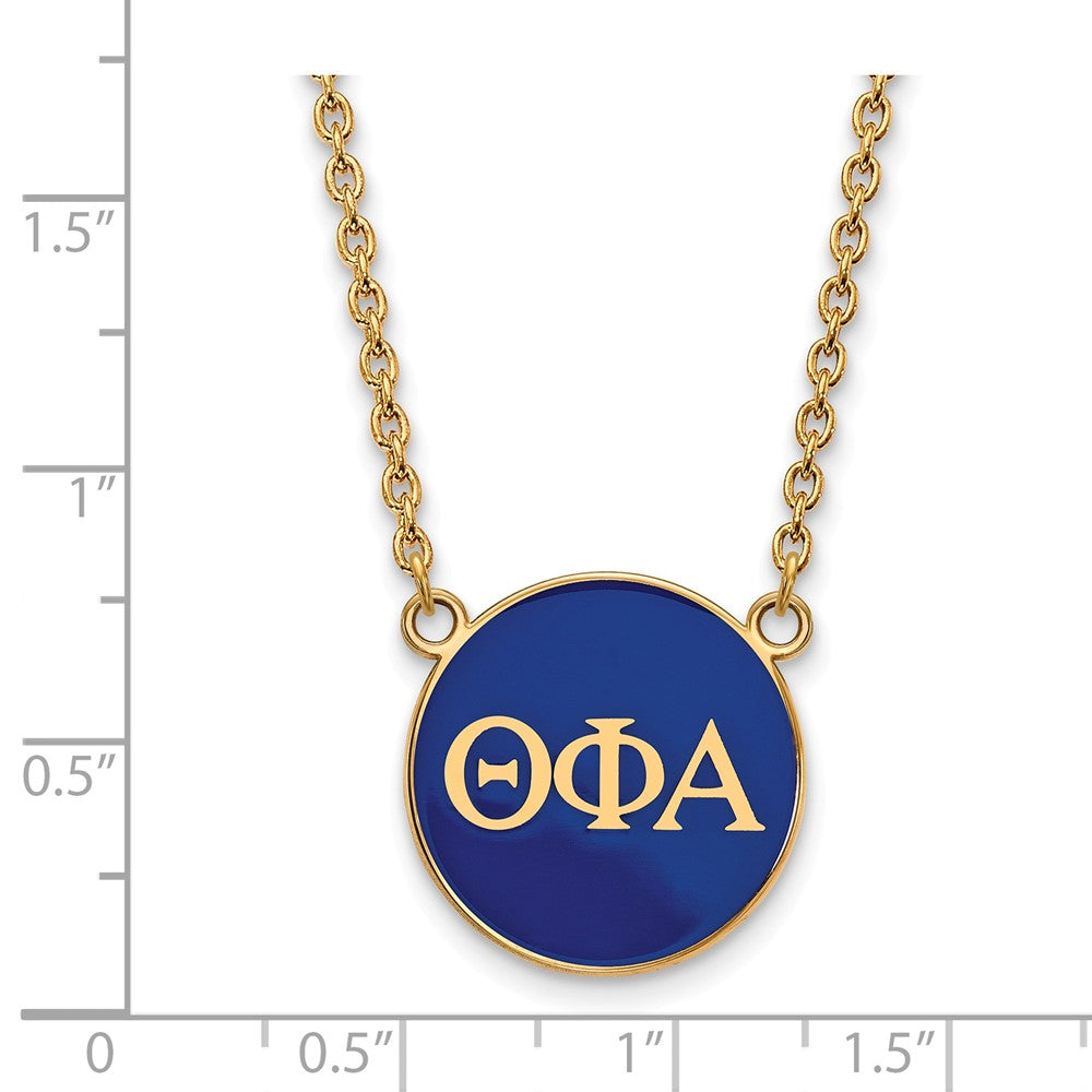 Alternate view of the 14K Plated Silver Theta Phi Alpha Large Blue Enamel Disc Necklace by The Black Bow Jewelry Co.