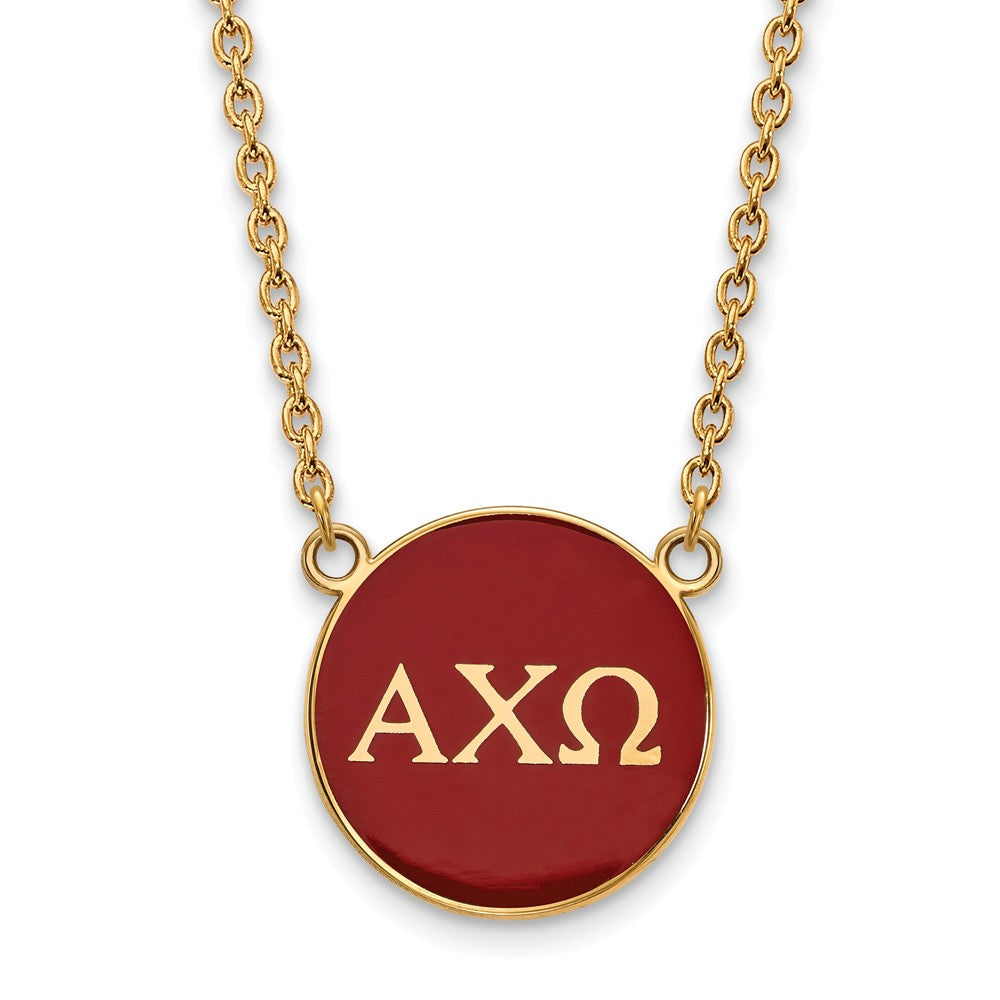 14K Plated Silver Alpha Chi Omega Large Red Enamel Disc Necklace, Item N14582 by The Black Bow Jewelry Co.