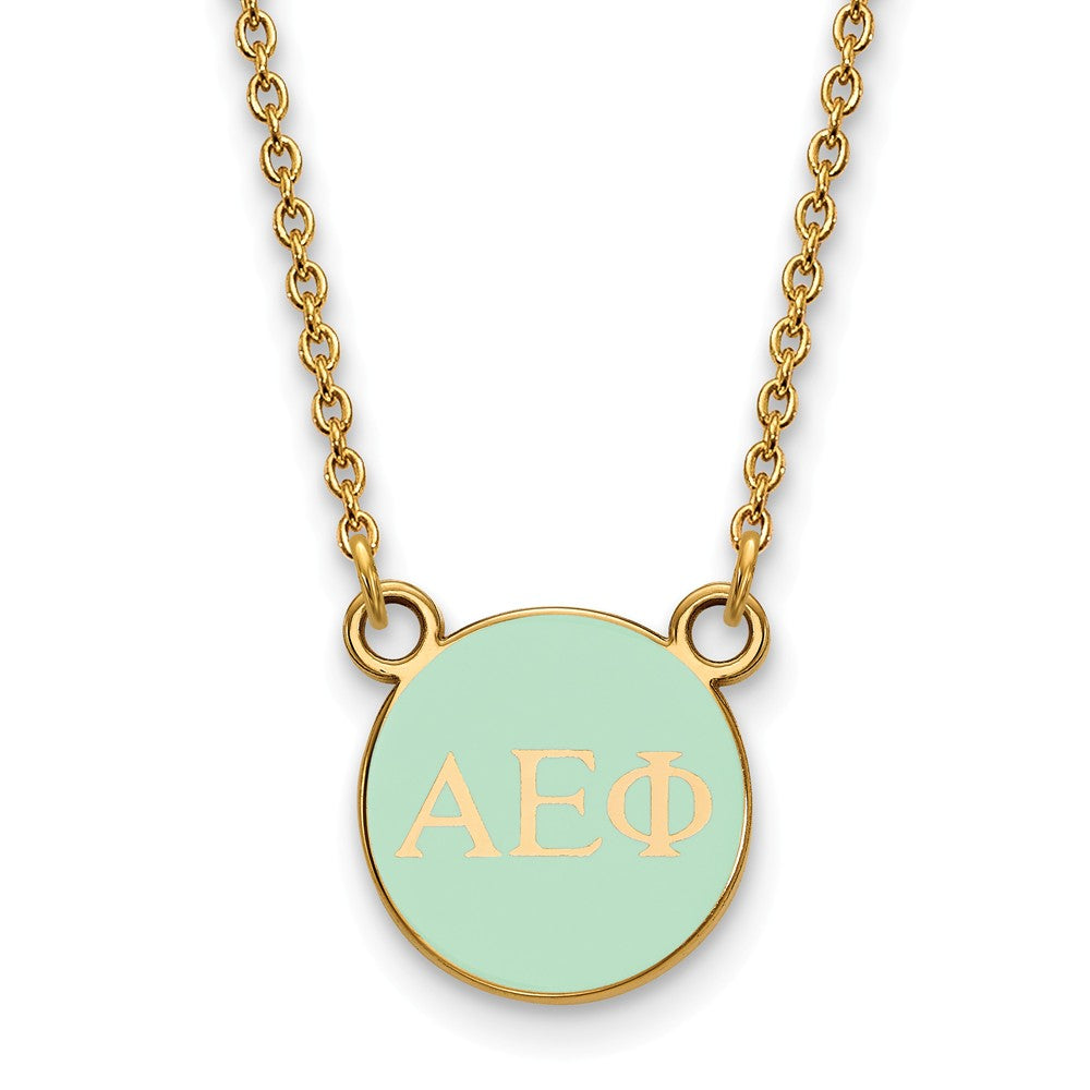 14K Plated Silver Alpha Epsilon Phi XS Aqua Enamel Disc Necklace, Item N14595 by The Black Bow Jewelry Co.