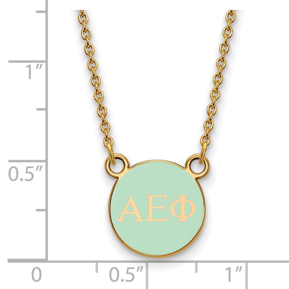 Alternate view of the 14K Plated Silver Alpha Epsilon Phi XS Aqua Enamel Disc Necklace by The Black Bow Jewelry Co.