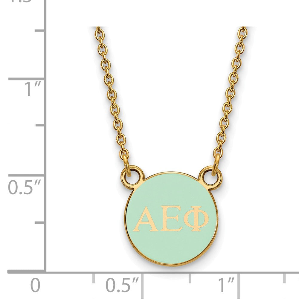 Alternate view of the 14K Plated Silver Alpha Epsilon Phi XS Aqua Enamel Disc Necklace by The Black Bow Jewelry Co.