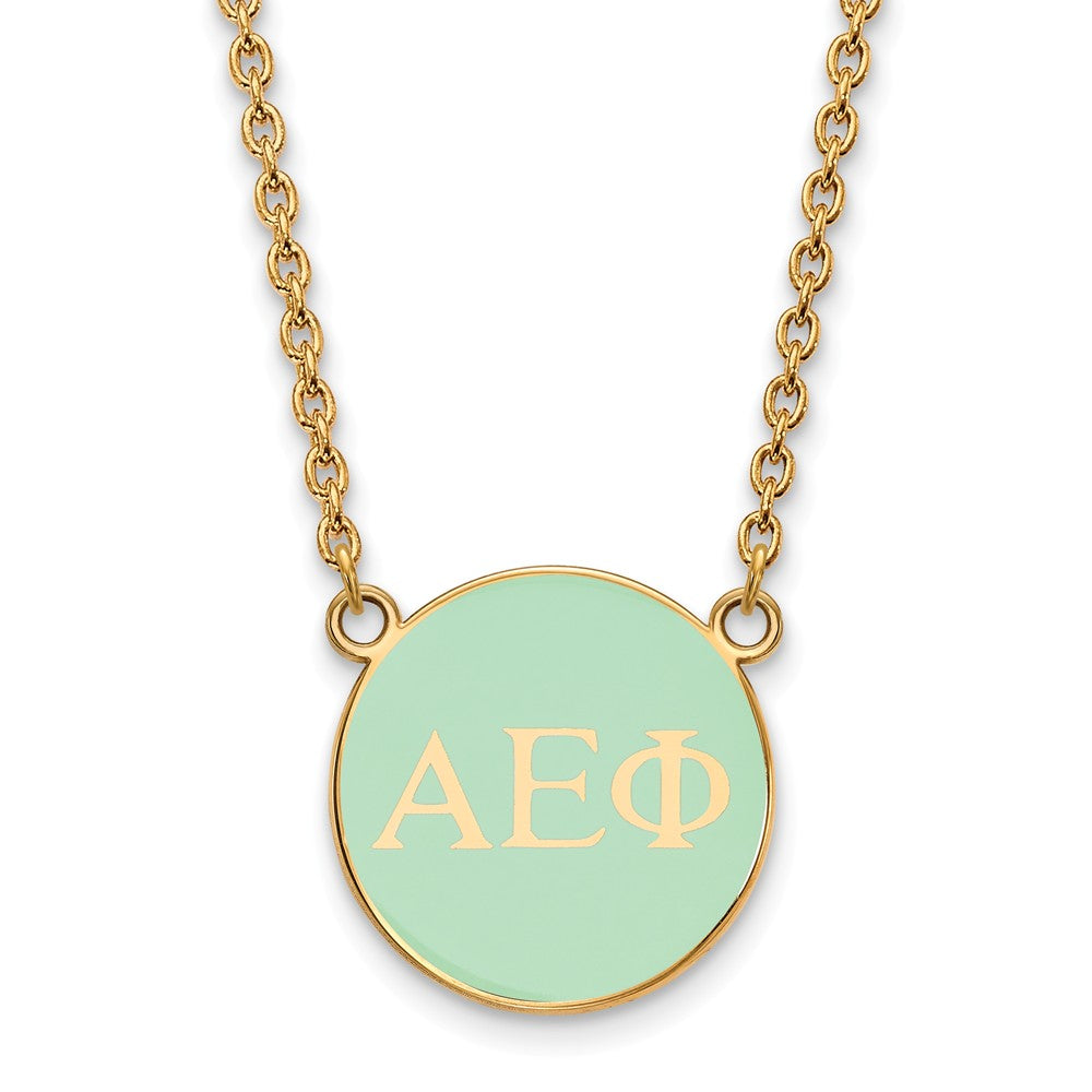 14K Plated Silver Alpha Epsilon Phi Small Aqua Enamel Disc Necklace, Item N14596 by The Black Bow Jewelry Co.