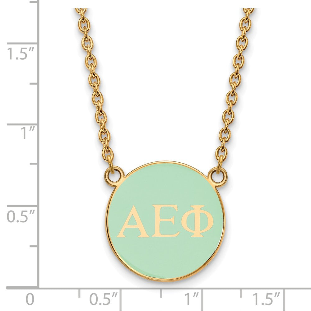 Alternate view of the 14K Plated Silver Alpha Epsilon Phi Small Aqua Enamel Disc Necklace by The Black Bow Jewelry Co.