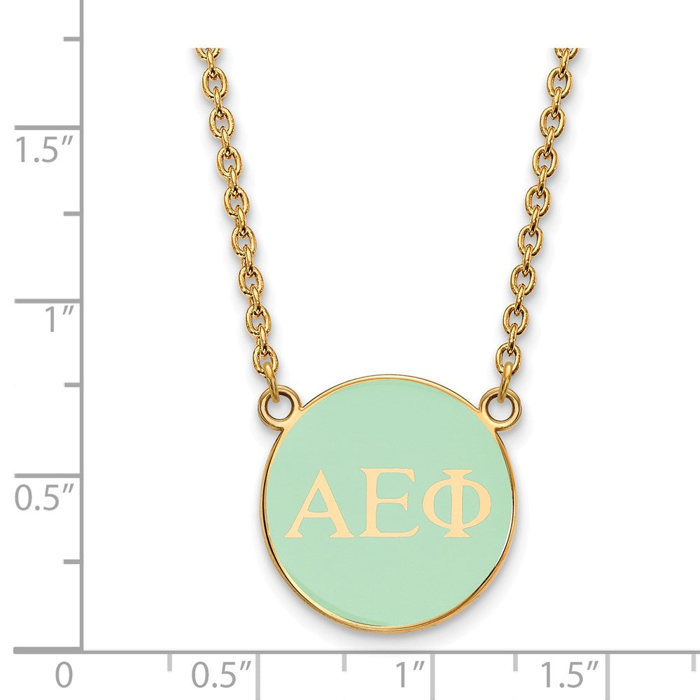 Alternate view of the 14K Plated Silver Alpha Epsilon Phi Small Aqua Enamel Disc Necklace by The Black Bow Jewelry Co.
