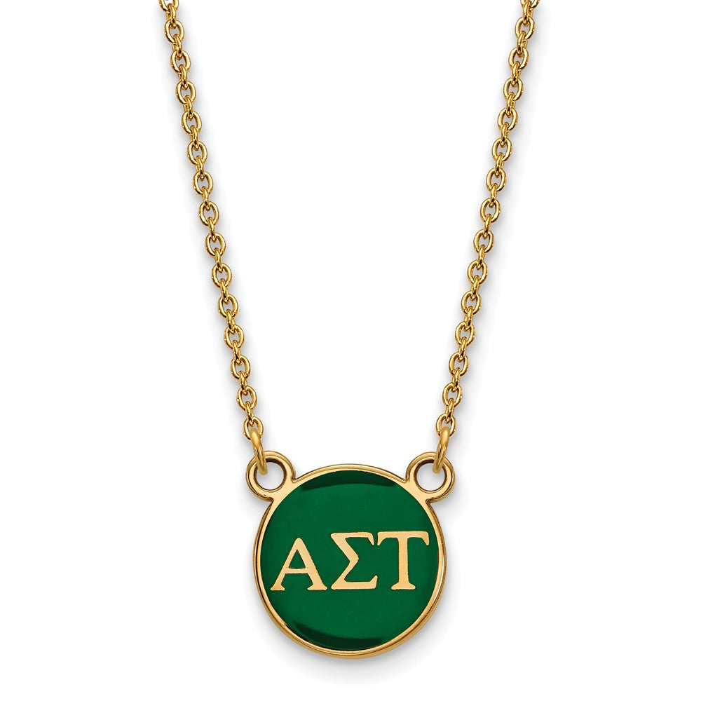 14K Plated Silver Alpha Sigma Tau Small Green Enamel Disc Necklace, Item N14623 by The Black Bow Jewelry Co.