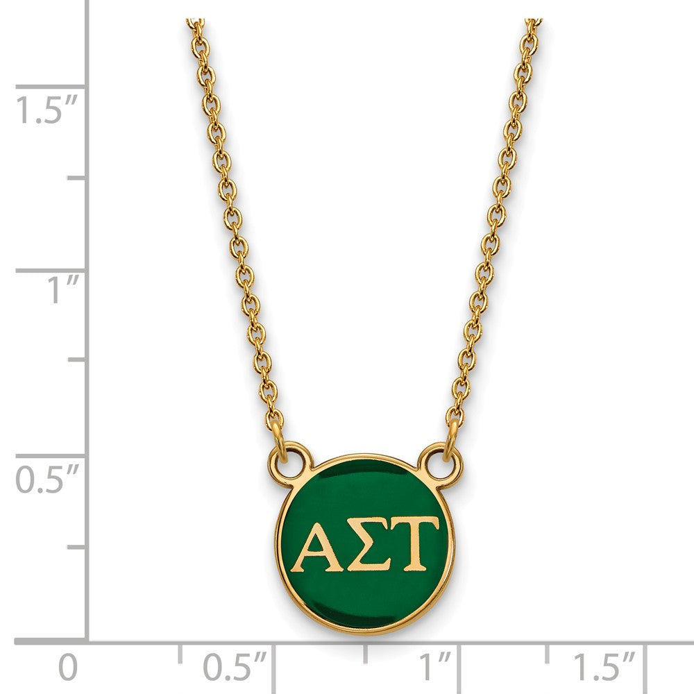 Alternate view of the 14K Plated Silver Alpha Sigma Tau Small Green Enamel Disc Necklace by The Black Bow Jewelry Co.