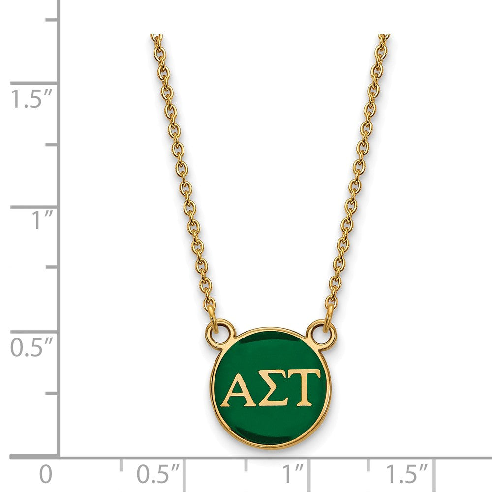 Alternate view of the 14K Plated Silver Alpha Sigma Tau Small Green Enamel Disc Necklace by The Black Bow Jewelry Co.