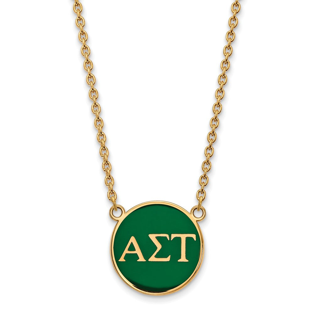 14K Plated Silver Alpha Sigma Tau Large Green Enamel Disc Necklace, Item N14624 by The Black Bow Jewelry Co.